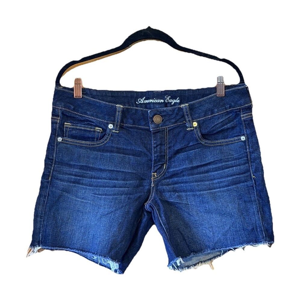 American Eagle Womens Denim Cutoff Midi Shorts Dark Wash Stretch Size 12
